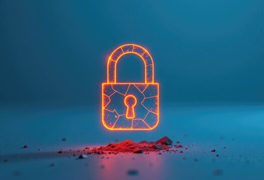 Glowing padlock icon with cracked texture on blue surface