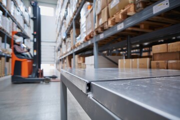 Fototapeta premium Forklift navigates a narrow aisle between ceiling-high warehouse shelves.