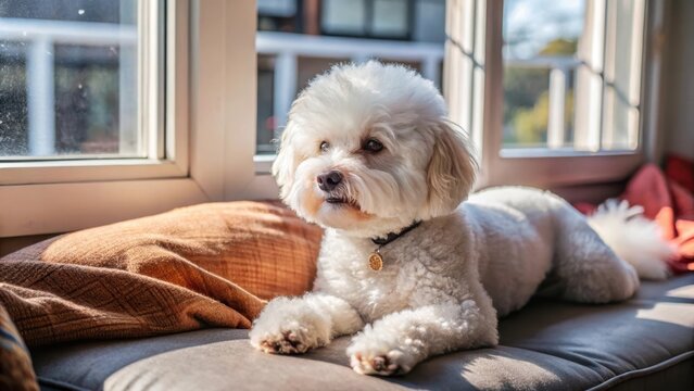 A playful Bichon Frize lounges in a sunny window seat at home