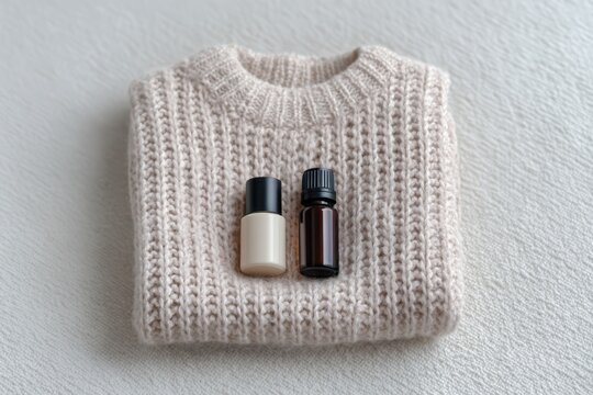 Winter skincare essentials arranged stylishly on a cozy sweater showcasing self-care and warmth in the chilly season. National Winter Skin Relief Day - Powered by Adobe