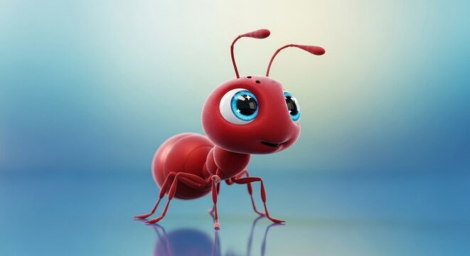 A cute, cartoonish red ant with big blue eyes and antennae, standing on a blue background.
