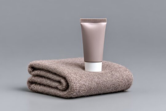 Hand cream tube elegantly displayed on a soft, folded towel against a calming gray background, inviting moments of self-care and relaxation. National Winter Skin Relief Day