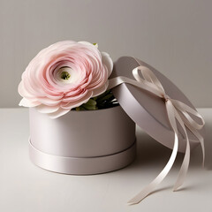 Luxurious bouquet with a delicate light pink ranunculus in a fashionable round box