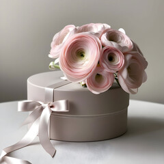 Luxurious bouquet with a delicate light pink ranunculus in a fashionable round box