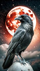 Naklejka premium A mysterious raven perches atop a dark, velvety night sky
