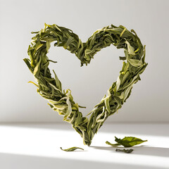 Handful of dry green tea in the form of heart