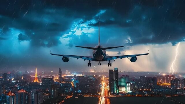 the plane flies over the city in a thunderstorm. selective focus