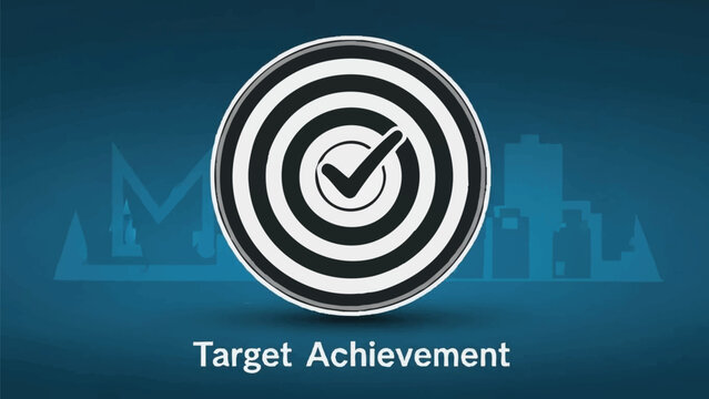 A graphic illustration of a target with a checkmark in the center, symbolizing target achievement, on a blue background with cityscape and graph silhouettes.