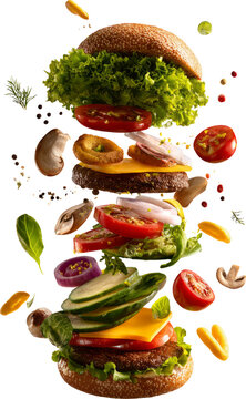 Stacked burger ingredients, fresh lettuce, tomato, onion, cheese, bun