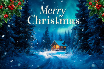 Cozy Cabin in Snowy Forest with Merry Christmas Text and Holly