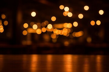 Warm golden bokeh lights over dark wooden table, perfect cozy evening, cafe, or restaurant ambiance 