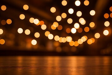 Wood table top with reflect on blur of lighting in cafe,restaurant background/selective focus.