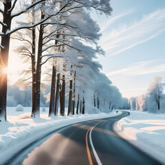Beautiful snow-covered road. High beautiful trees in snow and frost