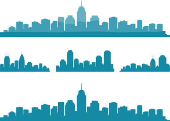 Naklejka premium City skyline silhouettes, teal urban buildings, minimalist architecture, modern cityscape, vector illustration