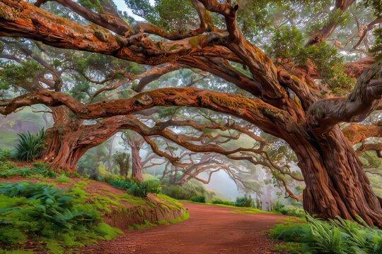 The forest path is tranquil, lined with lush trees that allow dappled light to filter through to the surroundings