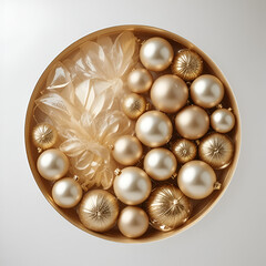 Gold Holiday Ornaments Arranged in Round Box on Light Background