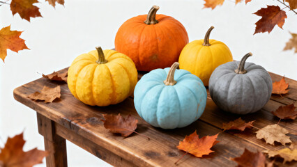 Colorful pumpkins in orange, yellow, blue, and gray arranged on a wooden table with autumn leaves