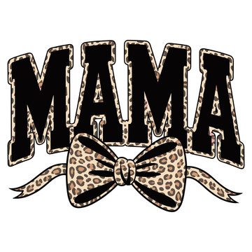 Black leopard print mama text design with a matching bow isolated on transparent background