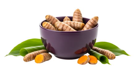 Turmeric roots in a cup isolated on transparent background