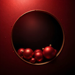 Red Christmas Ornaments Festive Baubles Displayed in Circular Frame on Dark Red Background