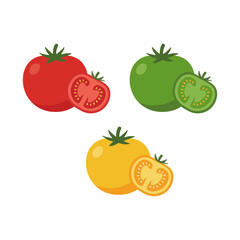 Flat vector illustration set of three tomatoes in red, green, and yellow colors.