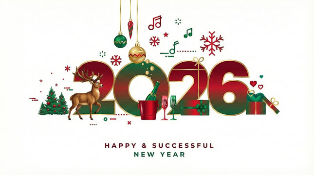 2026 Happy New Year creative typography design with reindeer and champagne. Festive Christmas greeting card illustration isolated on white.