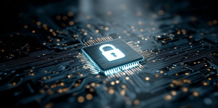 On a dark background, a glowing digital lock symbol embodies the concepts of cybersecurity and data protection technology