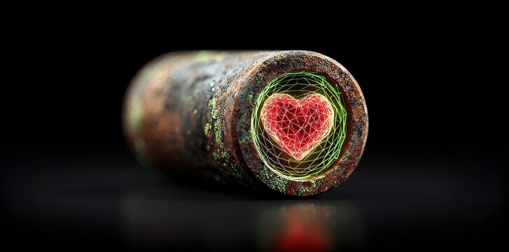 A specially designed pipe joint with a glowing digital mesh display in red and green hues is visible during repair operations in an underground location