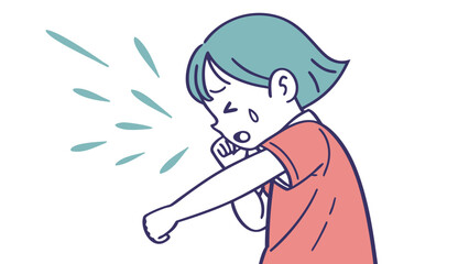 Illustration of a young person coughing or sneezing into their elbow to practice proper hygiene and prevent spreading germs.