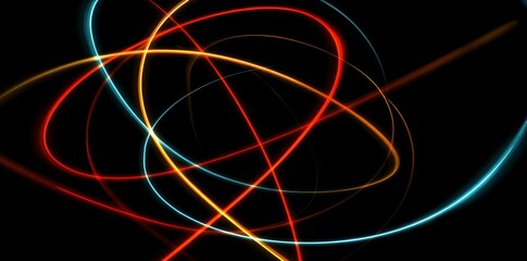 A dark background serves as the canvas for a dynamic abstract pattern composed of colorful neon lines