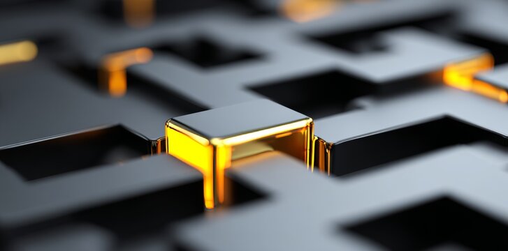 A modern art setting showcases a maze design with abstract features and glowing orange accents