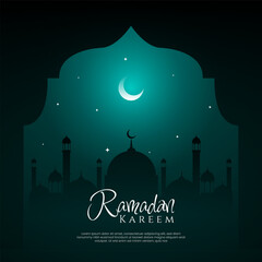 Ramadan Kareem background with mosque silhouette, night sky and islamic gate.