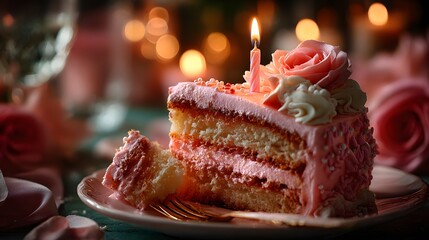 Colorful birthday cake slice with candle and sprinkles on festive table, perfect for birthday cards, celebration banners