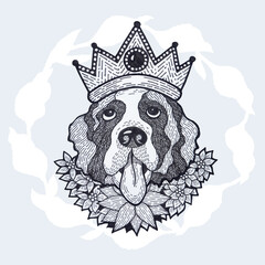 saint bernard dog pet crown wreath flower floral leaf botanical icon logo symbol sign animal cartoon art design illustration hand drawing sketch black white isolated graphic collage pattern background