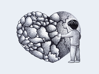 boy hug broken heart break sad depressed love pain emotion feeling mind mental health spiritual heal art design illustration hand drawing black white isolated background sketch icon logo sign symbol