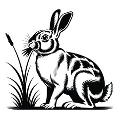 Detailed black and white woodcut illustration of a wild rabbit with long ears eating grass in a field with a white background