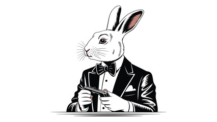 Whimsical anthropomorphic rabbit character dressed in a formal tuxedo holding a playing card in its paw with a vintage illustration style