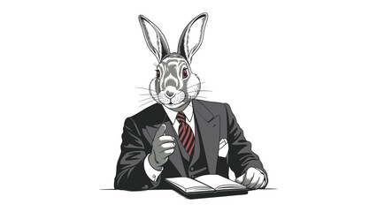 Surreal anthropomorphic rabbit wearing a formal business suit and tie sitting at a desk with an open book illustrating abstract concepts