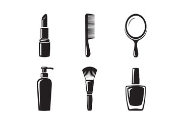 Beauty Silhouette Vector Icons | Lipstick, Comb, Mirror, Cosmetic Bottle, Brush, Nail Polish | EPS Elegant Salon Icons