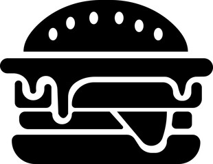 Burger fast food icon in black flat style featuring sandwich, hamburger, cheeseburger, snack, meal, cuisine, deli, and food related synonym elements for restaurant branding and menu design