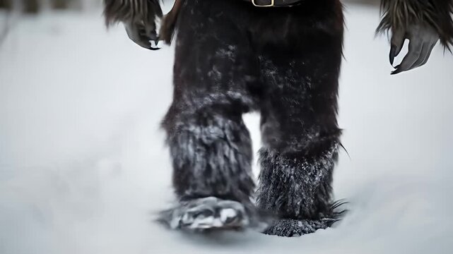 A person in a Bigfoot costume walks through a snowy landscape, showcasing the mythical creatures presence in winter.