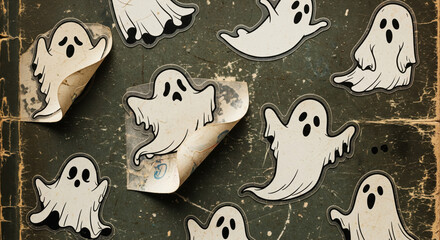 Vintage cartoon ghost stickers on a distressed dark background, spooky halloween season concept