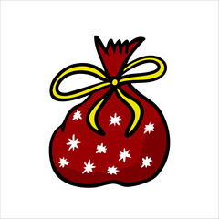 Vector color illustration of a hand-drawn New Year's bag with gifts in red on a white background
