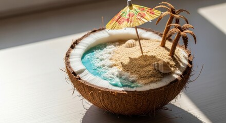 A coconut bowl with a blue interior, decorated with sand, shells, and a cocktail umbrella, placed on a wooden table with a white background.