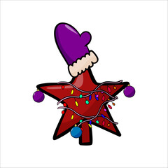 Vector color illustration of hand drawn red Christmas tree star on white background