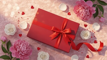 Red gift box with ribbon, pink peonies, white roses, hearts, petals on pink surface in bright sunlight