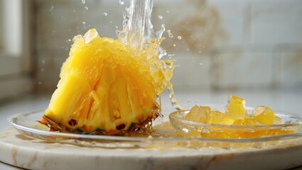 Large pineapple chunk bursts with water spray and floating ice shards on a plate.