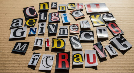 Various scattered cutout letters from newspapers forming a jumbled alphabet on cardboard