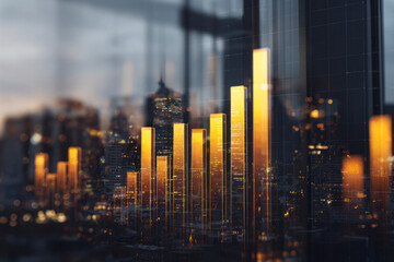 Golden data bars rising over futuristic city skyline, representing digital finance, growth, analytics, and innovation concept.