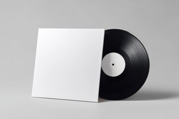 Vinyl Record and Album Cover: A classic vinyl record sits beside a sleek, blank album cover. This image evokes the enduring appeal of vintage music culture.